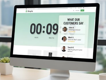 Split-screen interface displaying a countdown timer next to customer reviews, illustrating a countdown timer goals in action.