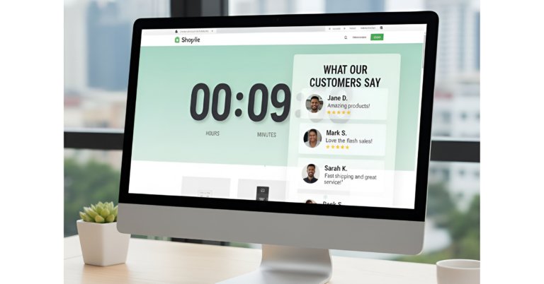 Split-screen interface displaying a countdown timer next to customer reviews, illustrating a countdown timer goals in action.