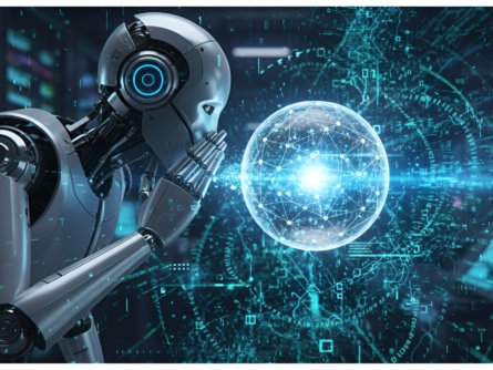 A robot whispering SEO voice commands into a floating smart speaker with data streams swirling around it, visually representing Voice Search Optimization Tips.