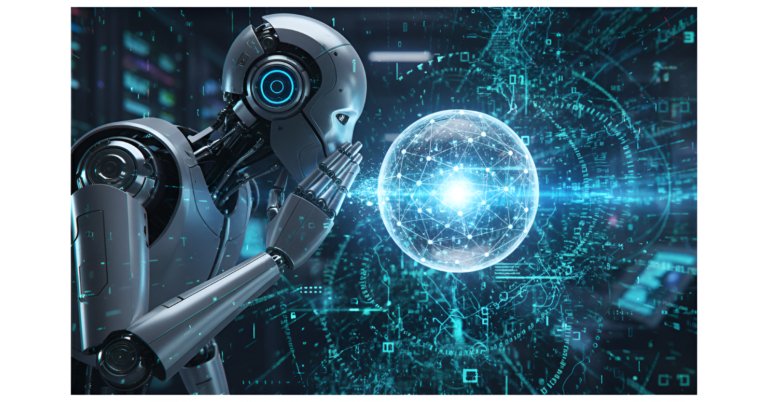 A robot whispering SEO voice commands into a floating smart speaker with data streams swirling around it, visually representing Voice Search Optimization Tips.