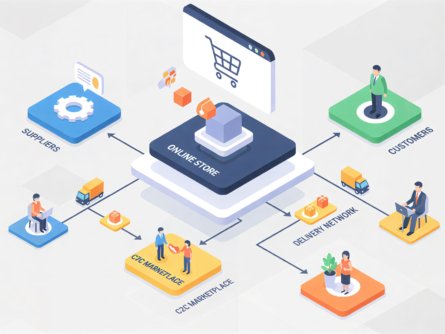 Isometric digital illustration showing ecommerce business models with online store, suppliers, customers, and delivery network.