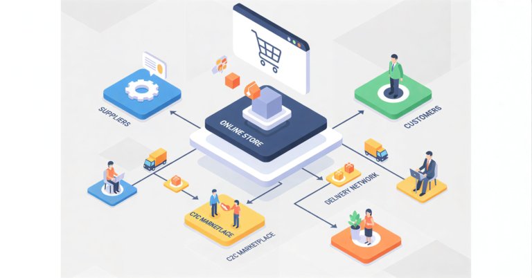 Isometric digital illustration showing ecommerce business models with online store, suppliers, customers, and delivery network.