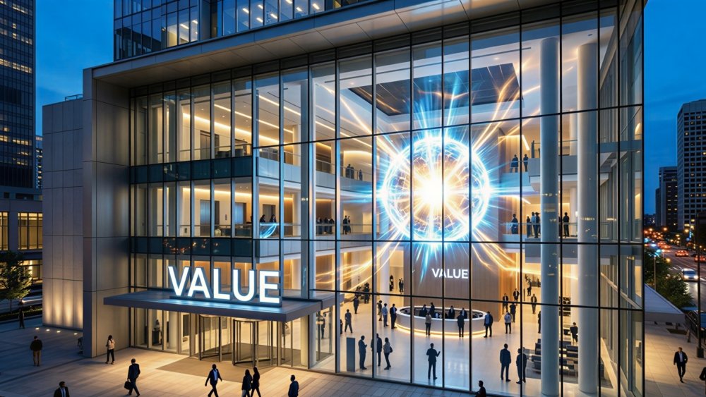 Illustration showing how companies create business value through strategy and customer impact