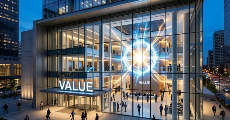 Illustration showing how companies create business value through strategy and customer impact