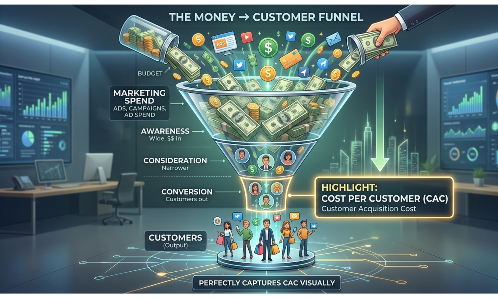 Customer Acquisition Cost Calculator funnel showing money spent on ads and campaigns at the top narrowing down to fewer customers at the bottom, highlighting cost per customer