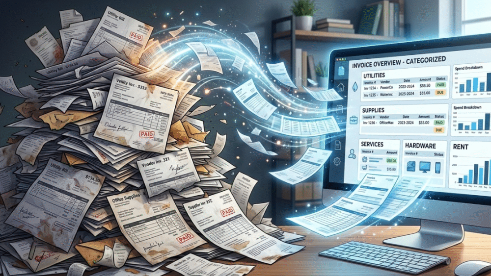 Illustration showing messy invoices transforming into organized invoice types, helping businesses understand different invoice formats for clear billing.