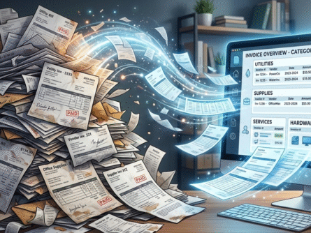 Illustration showing messy invoices transforming into organized invoice types, helping businesses understand different invoice formats for clear billing.