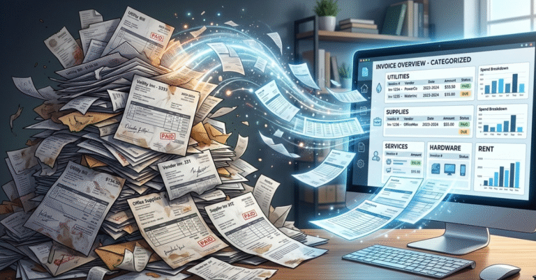 Illustration showing messy invoices transforming into organized invoice types, helping businesses understand different invoice formats for clear billing.