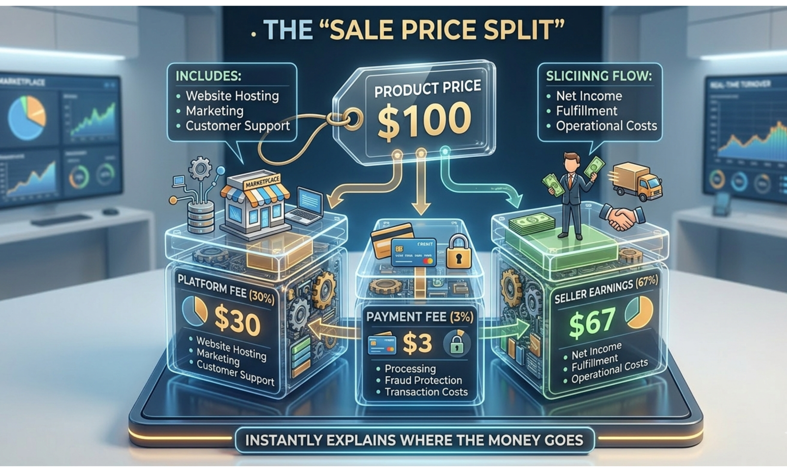 Marketplace Fee Calculator illustration showing a product price split into platform fee, payment fee, and seller earnings with each portion clearly labeled