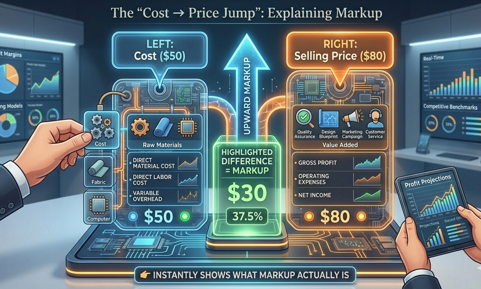 Markup calculator illustration showing a product cost of $50 increasing to a selling price of $80 with an upward arrow and the highlighted difference representing markup