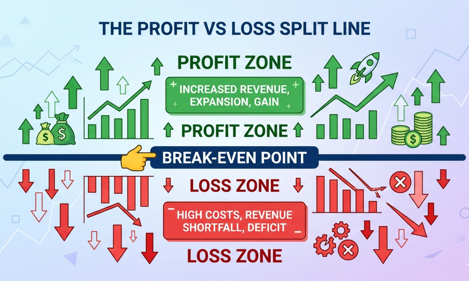 Profit and loss calculator visual with a bold horizontal break-even line separating green profit zone above with upward arrows and red loss zone below with downward arrows