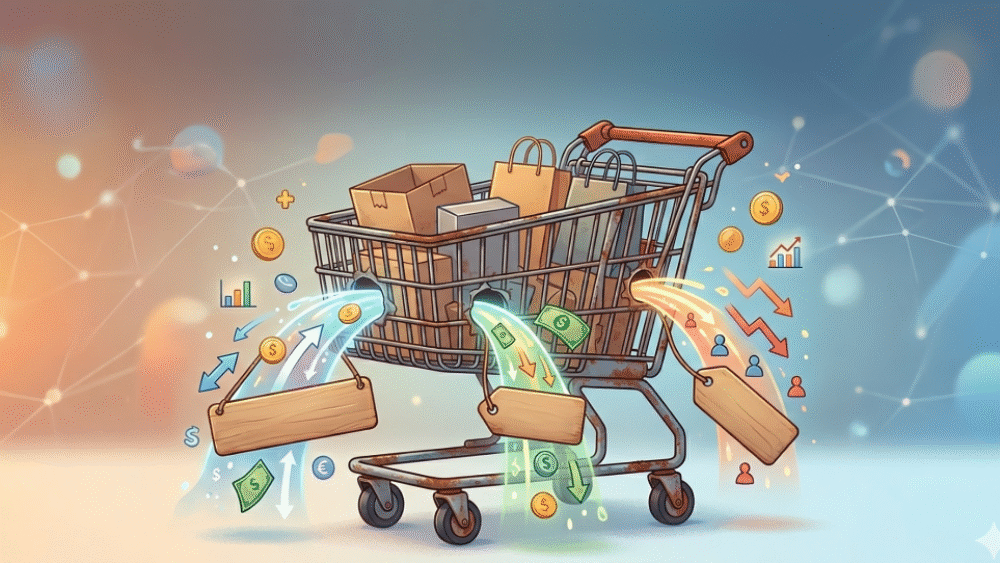 Damaged shopping trolley losing value, representing different Types of Ecommerce Sales Metrics such as conversion rate, customer acquisition cost, and churn affecting revenue