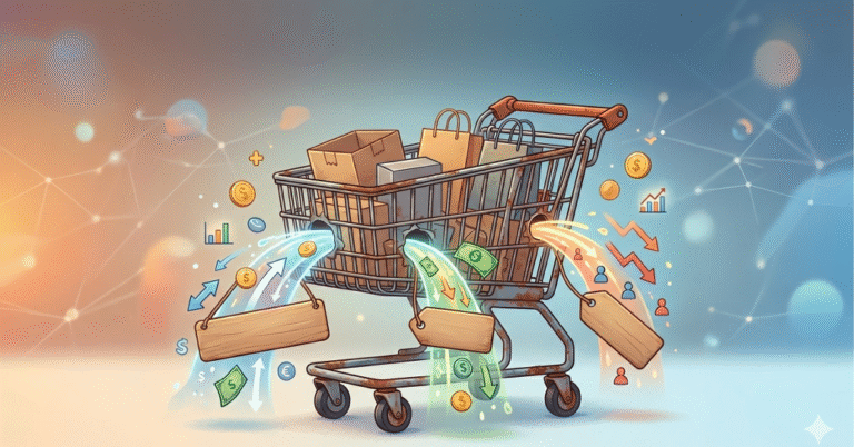 Damaged shopping trolley losing value, representing different Types of Ecommerce Sales Metrics such as conversion rate, customer acquisition cost, and churn affecting revenue