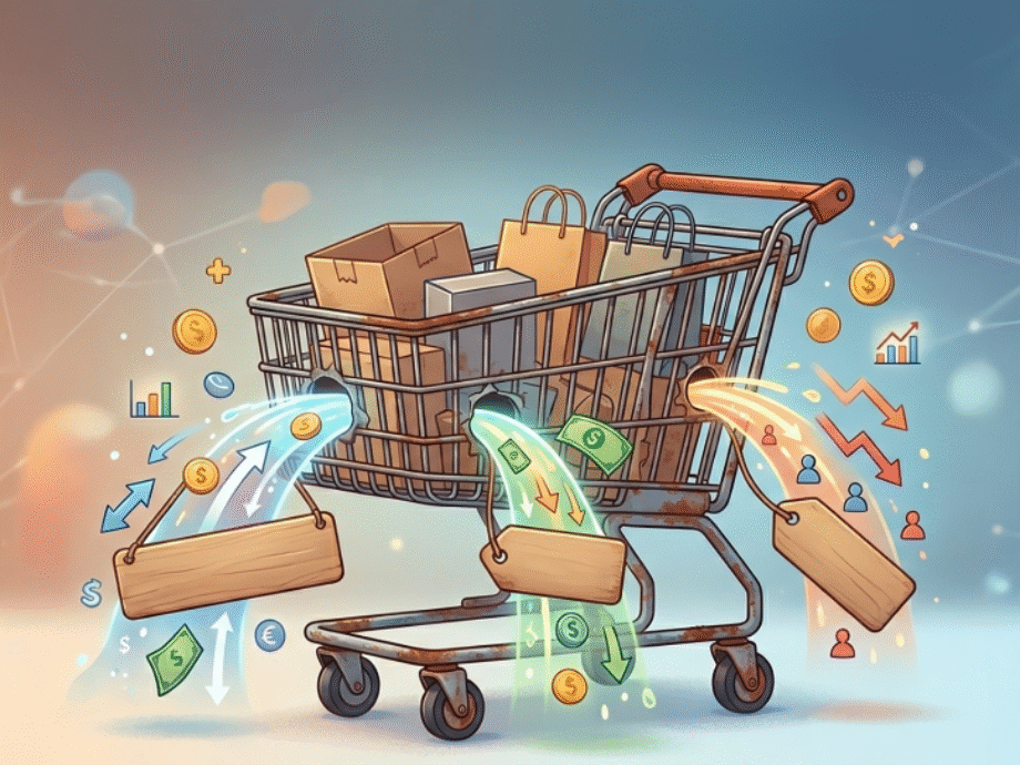 Damaged shopping trolley losing value, representing different Types of Ecommerce Sales Metrics such as conversion rate, customer acquisition cost, and churn affecting revenue
